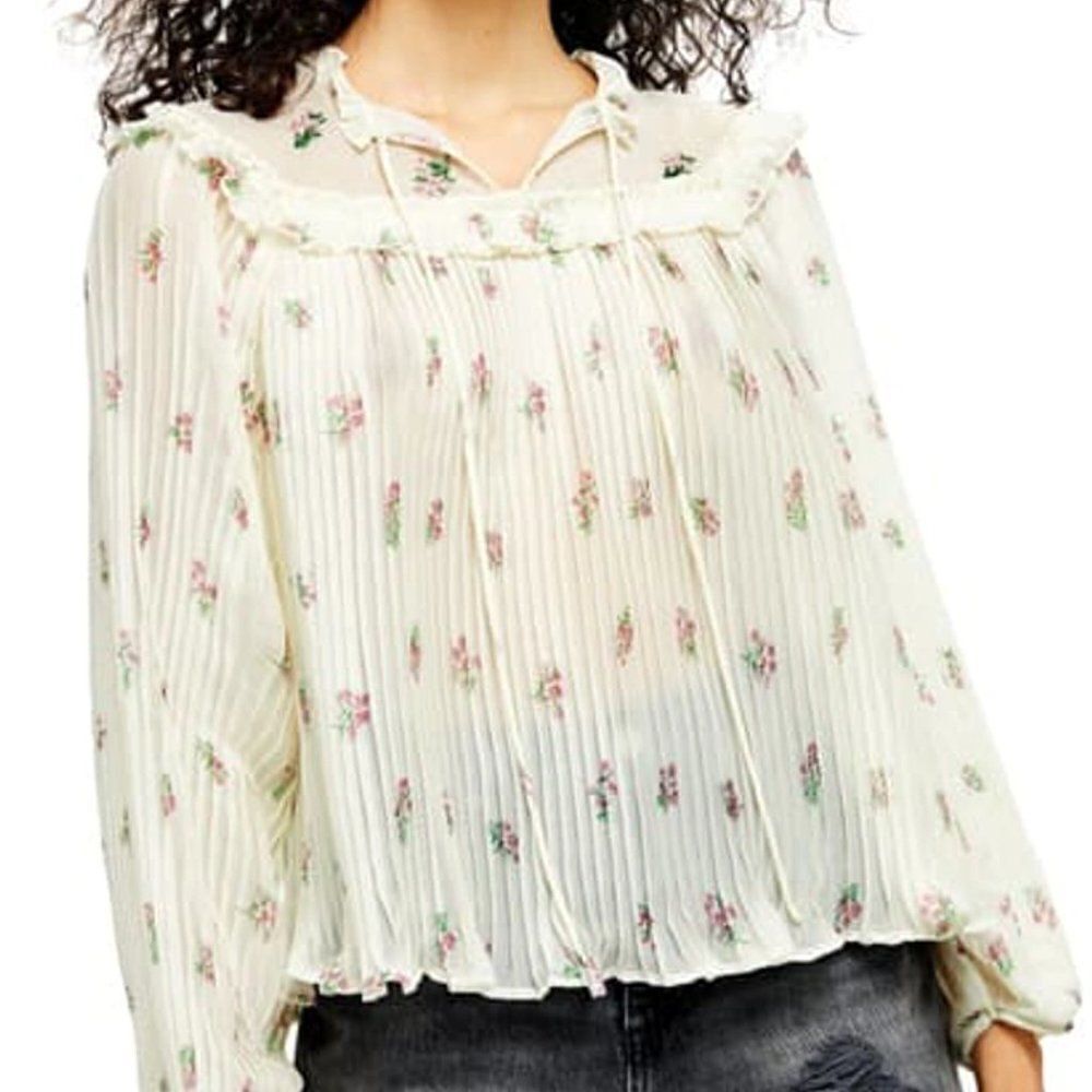 Topshop Floral Print Pleated Ruffle Blouse - size 4 in Ivory